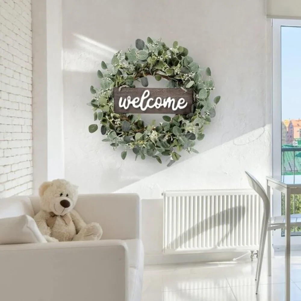 Green‎ Eucalyptus Leaf Wreath Welcome Sign 20in Art for Front Door Wall Window